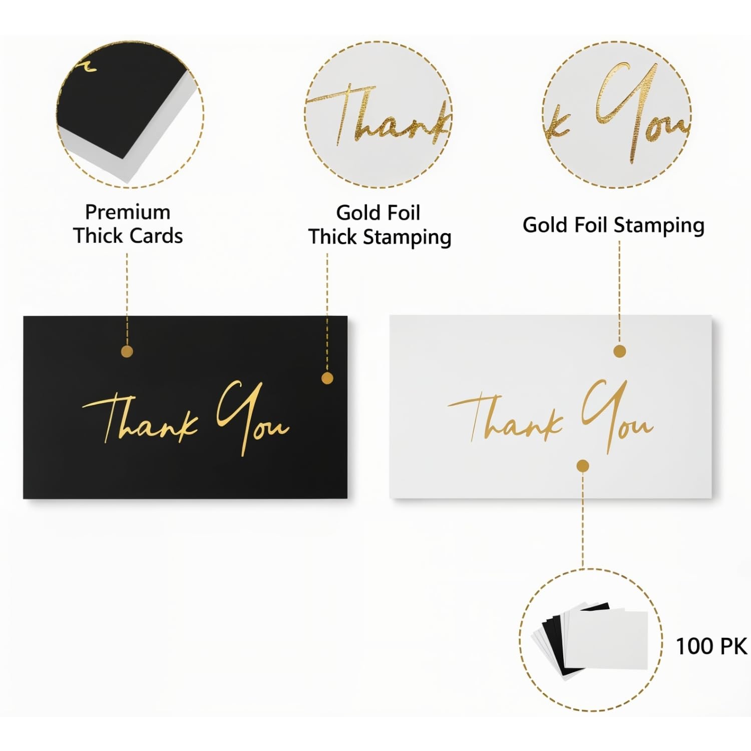 MIZENA Thank You Cards 100 Pack – 3.5x2” Black Cards with Gold Hot Foil – Ultra Thick 350 GSM Premium Thank You Inserts for Small Business Packaging & Wedding Gifts – Blank White Back