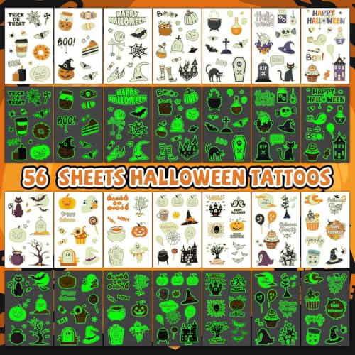 EMOME Glow in the Dark Halloween Temporary Tattoos for Kids, 56 Sheets
