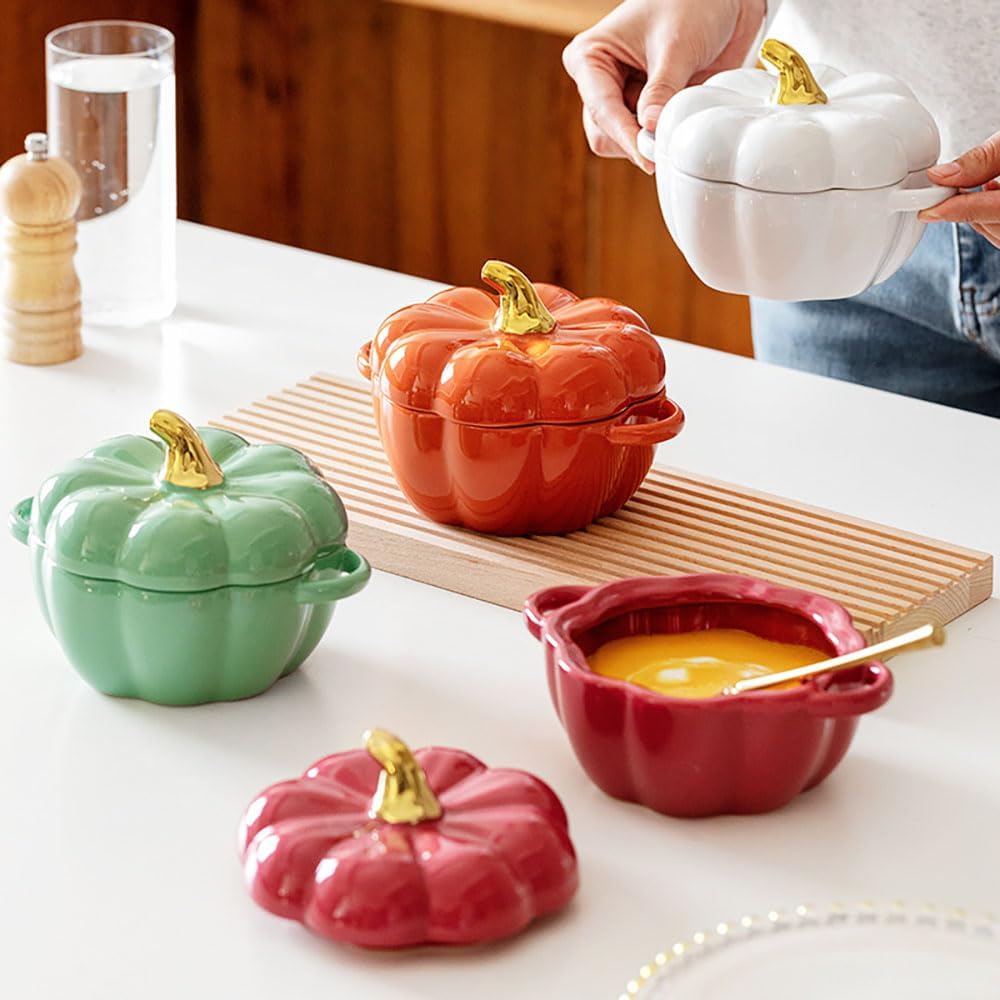 Pumpkin | 14 Oz Ceramic Ramekin Set with Lid & Handle - Oven Safe Individual Casserole Dish (Green)
