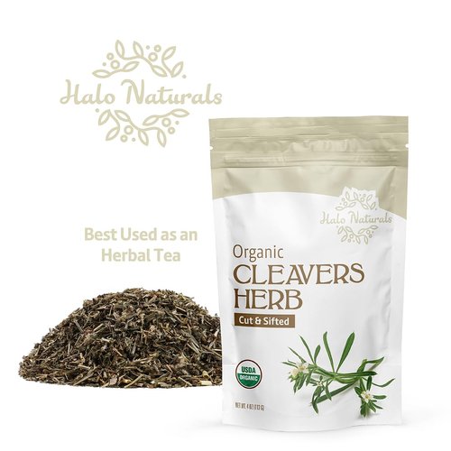Halo Naturals Organic Cleavers Herb Cut & Sifted, 4 Ounces (Galium aparine) USDA Certified | Resealable Pouch| Packaged in The USA
