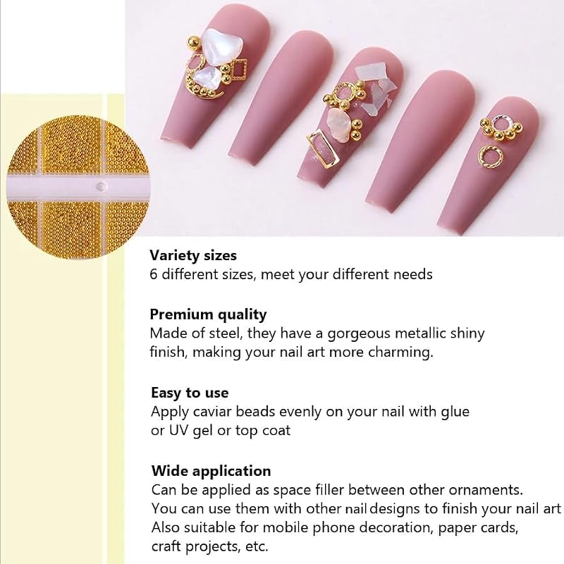 Bellecrey Gold Nail Caviar Beads and Micro Ball Charms Assorted Sizes