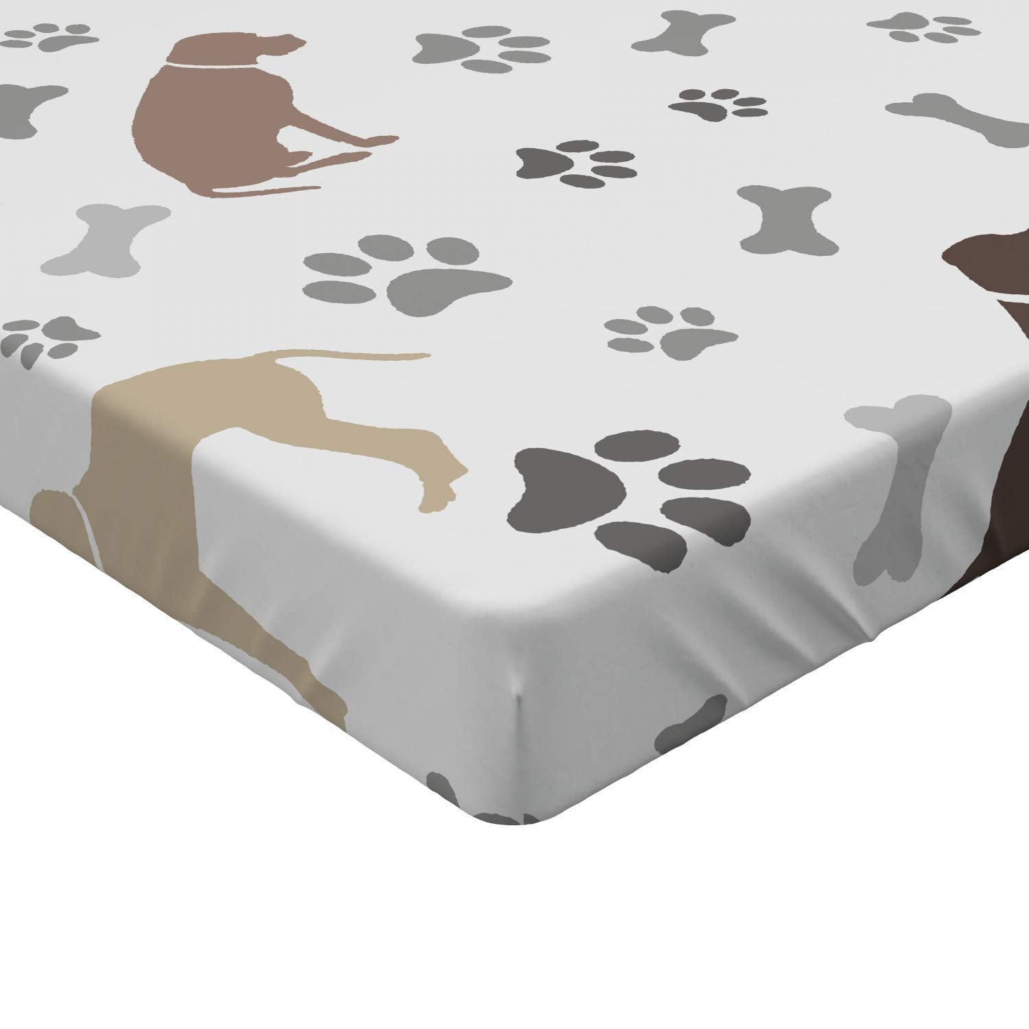 Ambesonne Dog Lover Fitted Sheet, Paw Print Bones and Dog Silhouettes American Foxhound Breed Playful Pattern, Bed Cover with All-Round Elastic Deep Pocket for Comfort, Twin Size, Umber Beige Grey