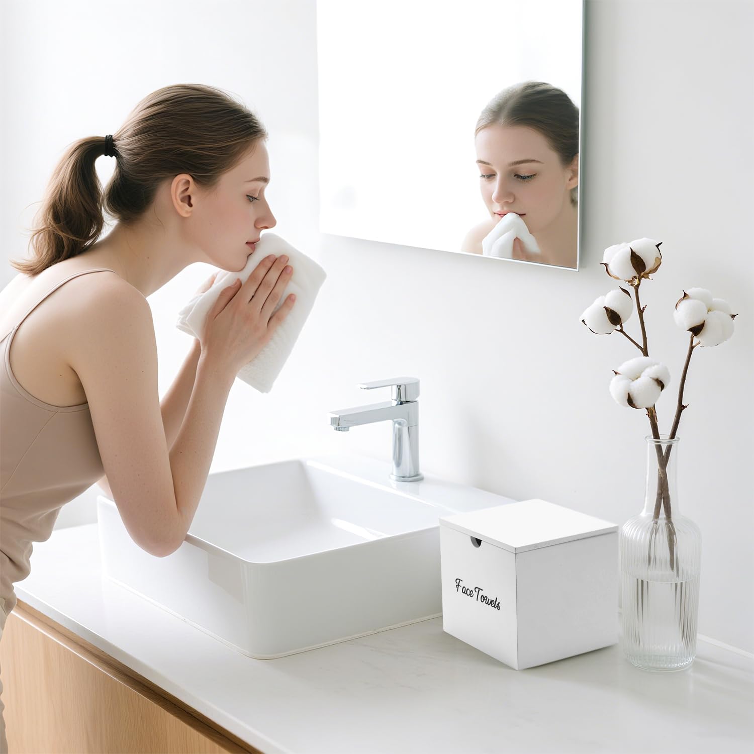 ZOBONETI Wooden Disposable Face Towel Holder Compatible with Clean Towel XL, Clean Towels Xl Container for Bathroom Countertop, White Facial Towels Storage Box, Pine Wood