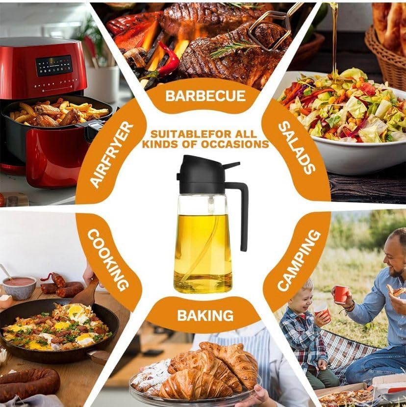 TrendPlain 16oz Glass Olive Oil Sprayer - 2-in-1 Dispenser Bottle for Cooking & BBQ - Black