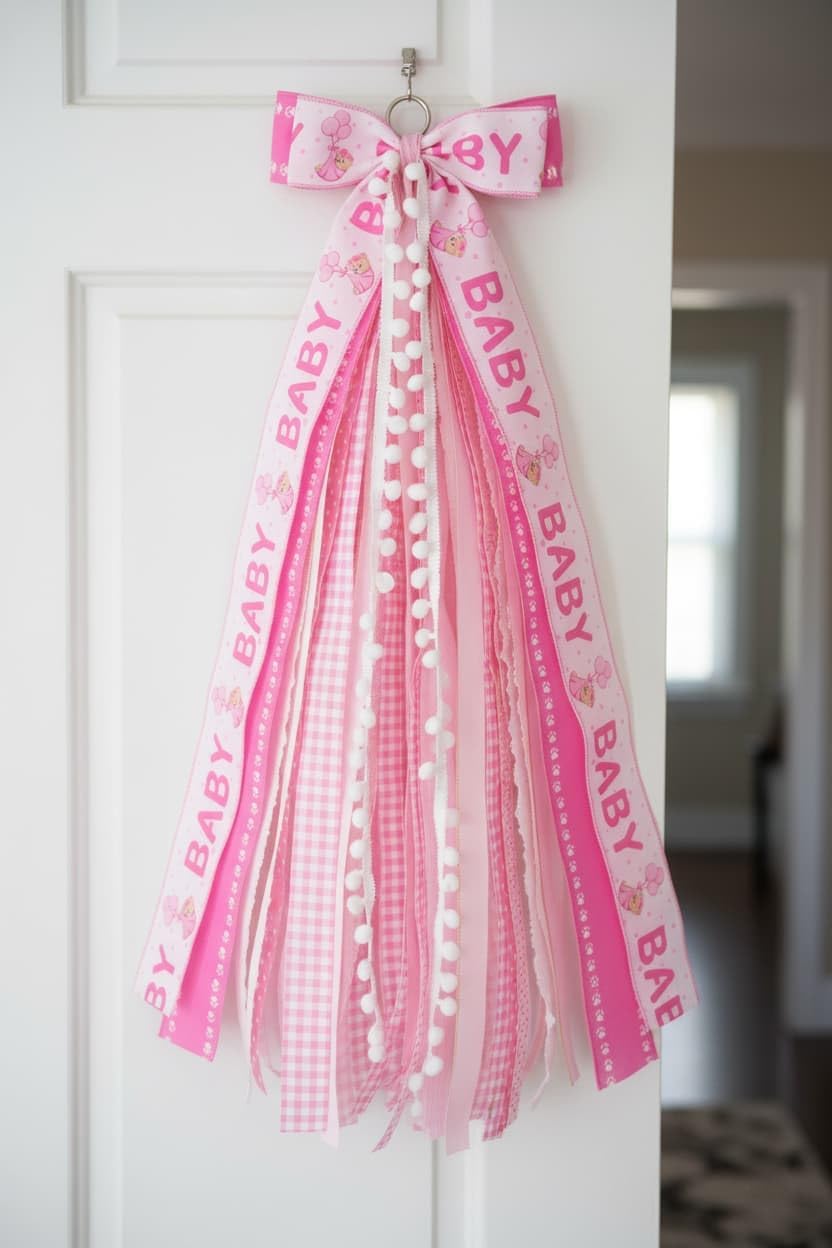 Regine Switzerland Baby Girl Welcome Home Wreath - 27.5" Large Pink Bow Door Hanger for Nursery Decor