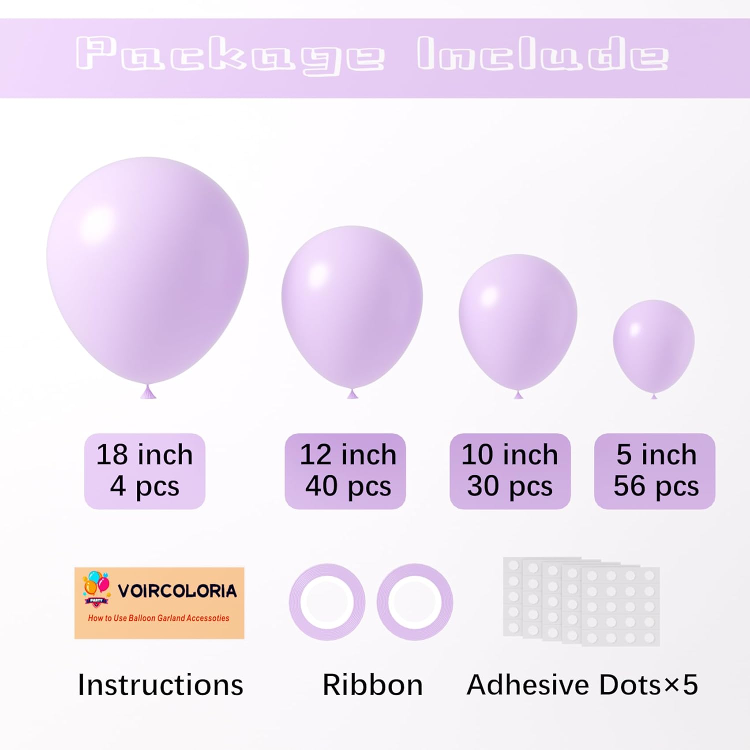Voircoloria 130pcs Pastel Purple Balloon Garland Kit - Light Purple Latex Balloons for Parties & Events