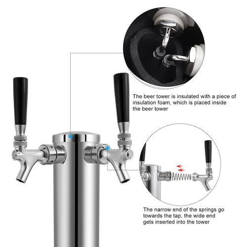 Dbgogo Kegerator Tower Double Tap Beer Tower Dual Faucet Beer Tower Stainless Steel 3'' Flange Beer Tower Dispenser Beer Tap Kegerator Parts with Pre-Assembled Tubing and Self-Closing Springs