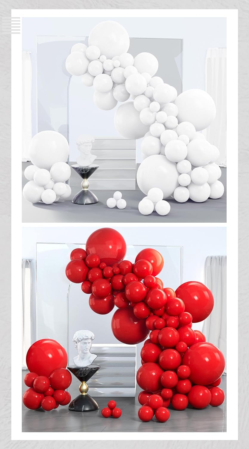 PartyWoo White and Red Balloons - 280 Pcs in 18/12/10/5 Inch Sizes | Classic Arch Kit