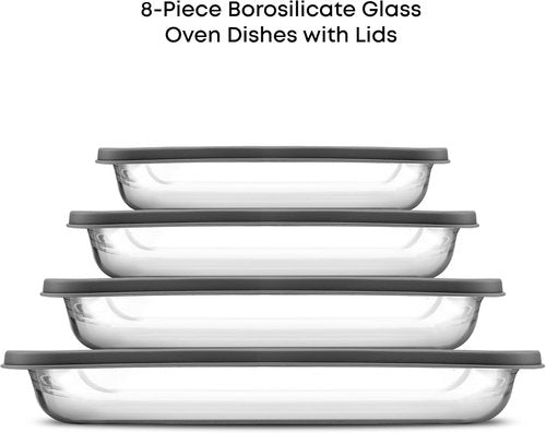 JoyJolt 8-Piece Borosilicate Glass Baking Dish Set - Deep Rectangle Oven Dishes with Black Lids | Versatile Bakeware for Lasagna, Casserole, and Cake