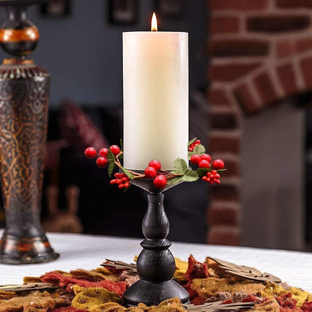 YBB Christmas Candle Rings - 8Pcs Small Artificial Red Berry Wreath Holders for 3-Inch Pillar Candles | Rustic Wedding Decor