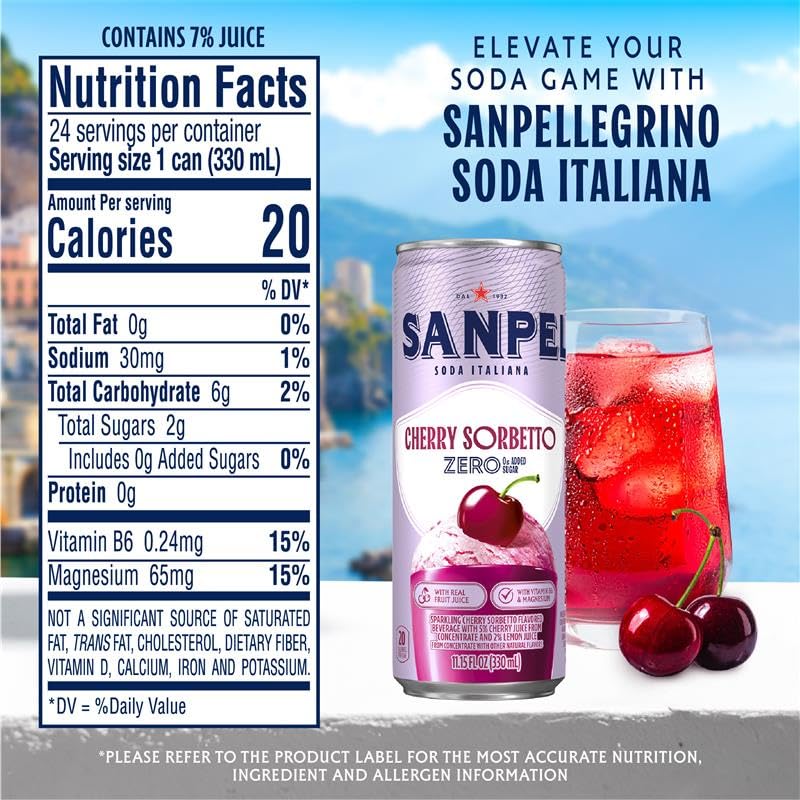 Sanpellegrino Cherry Sorbetto Sparkling Soda - 0g Added Sugar, Real Fruit Juice | 24-Pack