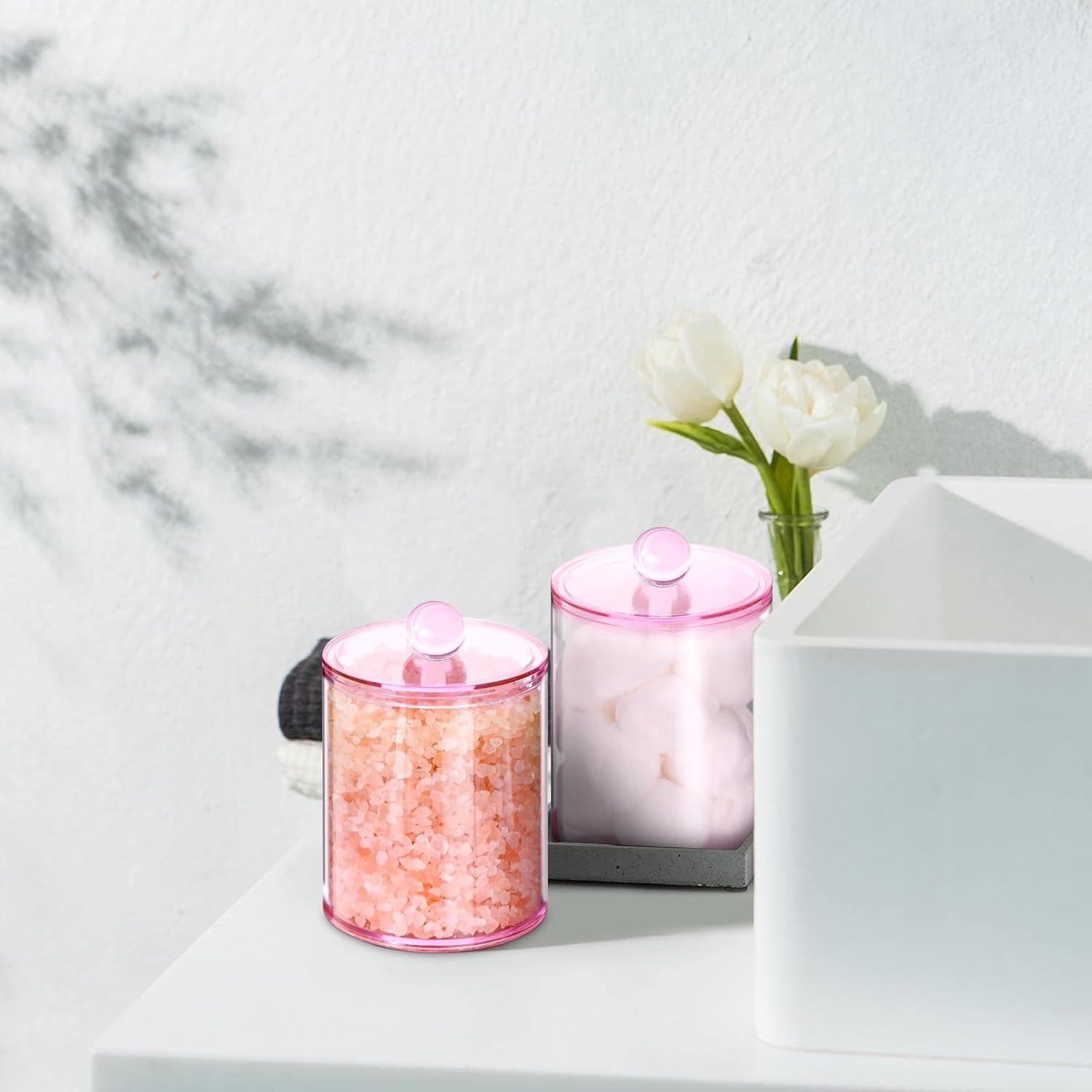 XIPENGKEJI Qtip Holder Set - Stylish Apothecary Jars for Cotton Swabs & Pads | 10oz-12oz Pink Canisters