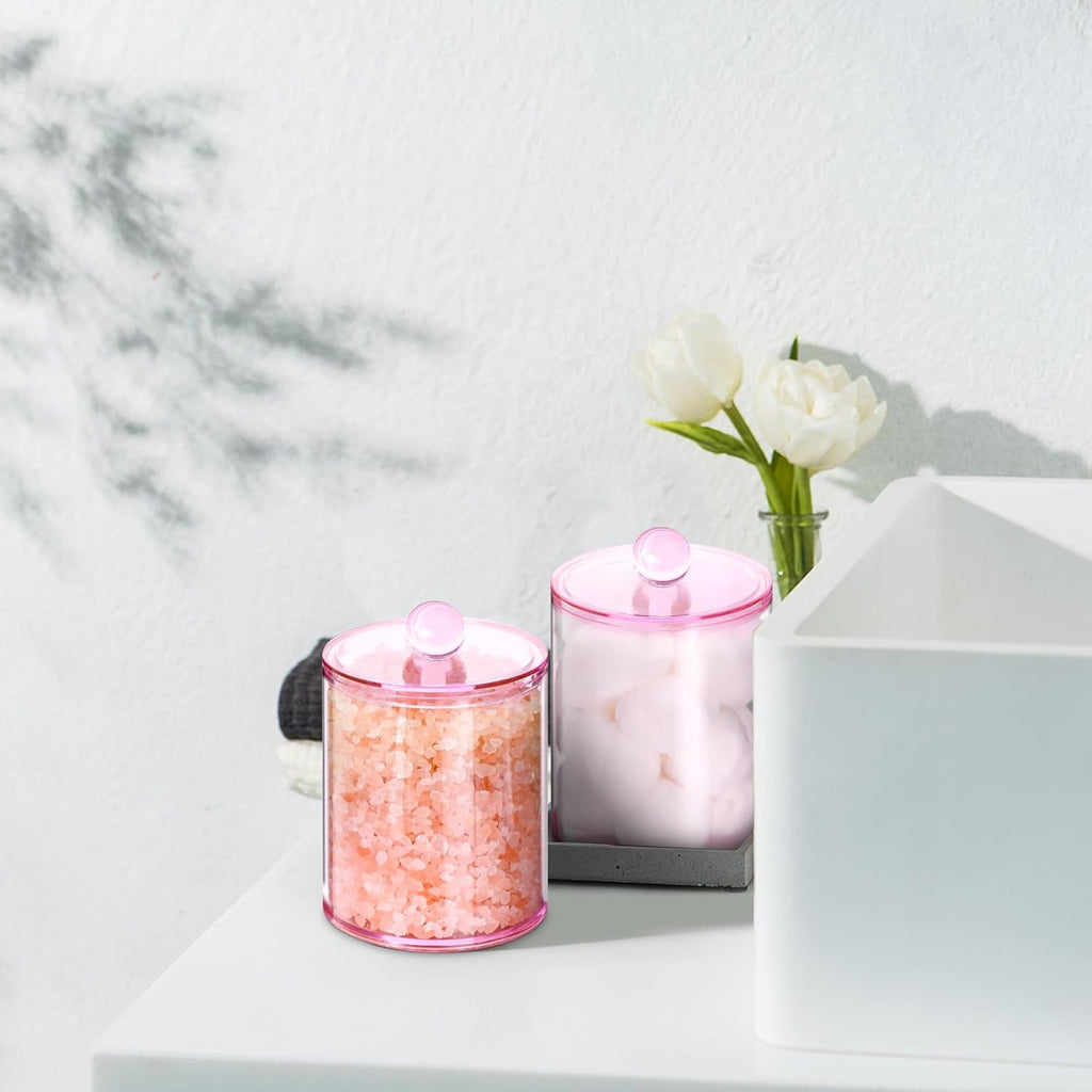 XIPENGKEJI Qtip Holder Set - 4 Pack Apothecary Jars with Lids for Cotton Swabs & Pads | 10oz-12oz Pink