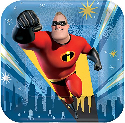 The Incredibles Birthday Party Supplies Bundle Pack Includes 16 Paper Plates, 16 Napkins, 12 Piece Hanging Swirl Decorations, 16 Loot Bags, 8 Sticker Sheets