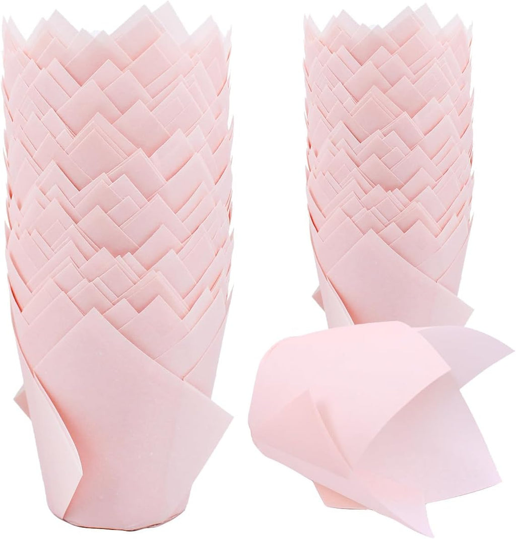 Skiennix Tulip Cupcake Liners - 150 Greaseproof Baking Cups for Parties & Events | Pink