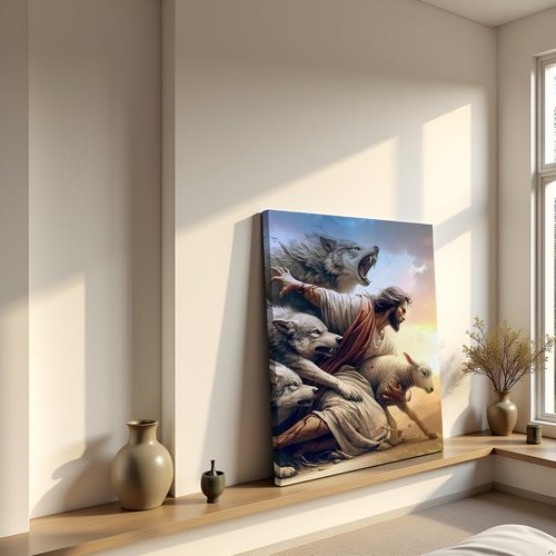 Jesus And Lamb Wall Art - Inspiring Jesus Saves The Lost Lamb Painting | Perfect Decor for Living Room, Bedroom, Church