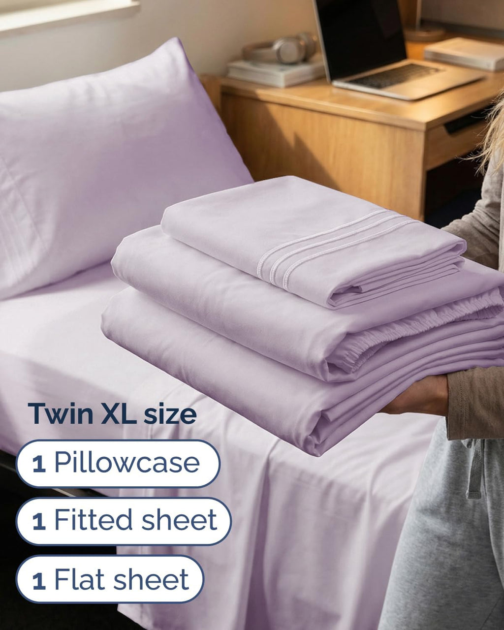 Skiennix Twin XL Sheet Set - Comfy Cooling Bed Sheets - Luxury Bedding in Light Lavender - Deep Pockets & Wrinkle-Free
