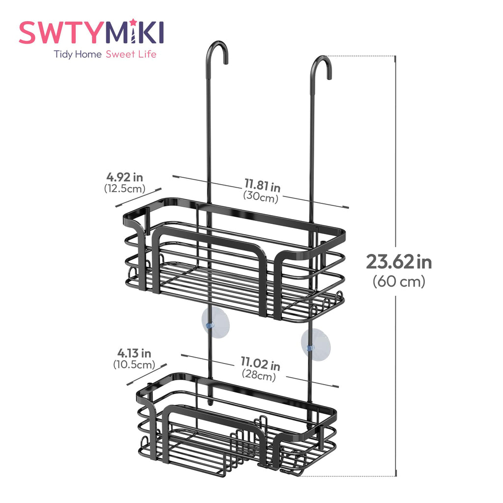 SWTYMIKI Shower Caddy Hanging Organizer - Over the Door Shower Caddy with Soap Holder, 11 Hooks, 2 Installation Ways, Stainless Steel Rustproof Bathroom Organizer, Black