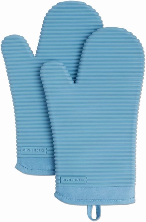 KitchenAid Ribbed Soft Silicone Oven Mitts - 2-Pack Set, 7.5"x13", Stylish Blue Velvet