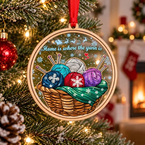Knitting Ornament - Christmas Tree Decor for Knitting Lovers - Blue, Red, Purple & White Yarn Balls - Holiday Gift Idea