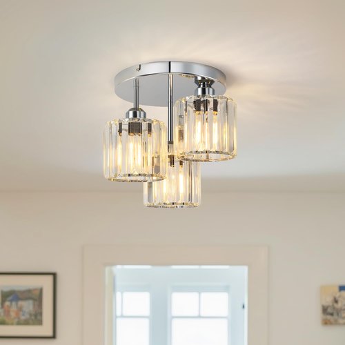 ANWIO Crystal Semi Flush Mount Ceiling Light, 3-Light Dining Room Light Fixture, Silver Kitchen Ceiling Light with Clear Crystal Shade, Fit E26 Base Bulbs