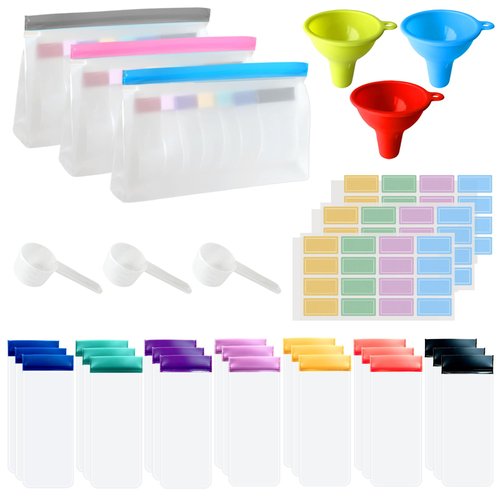 Protein Powder Travel Container Set, Reusable Powder Dispenser Supplement Containers with Funnel, Spoon & Notes, 21PCS Single Dose Bags and 3PCS Large Standable Zip Bags for Workout Fitness Travel