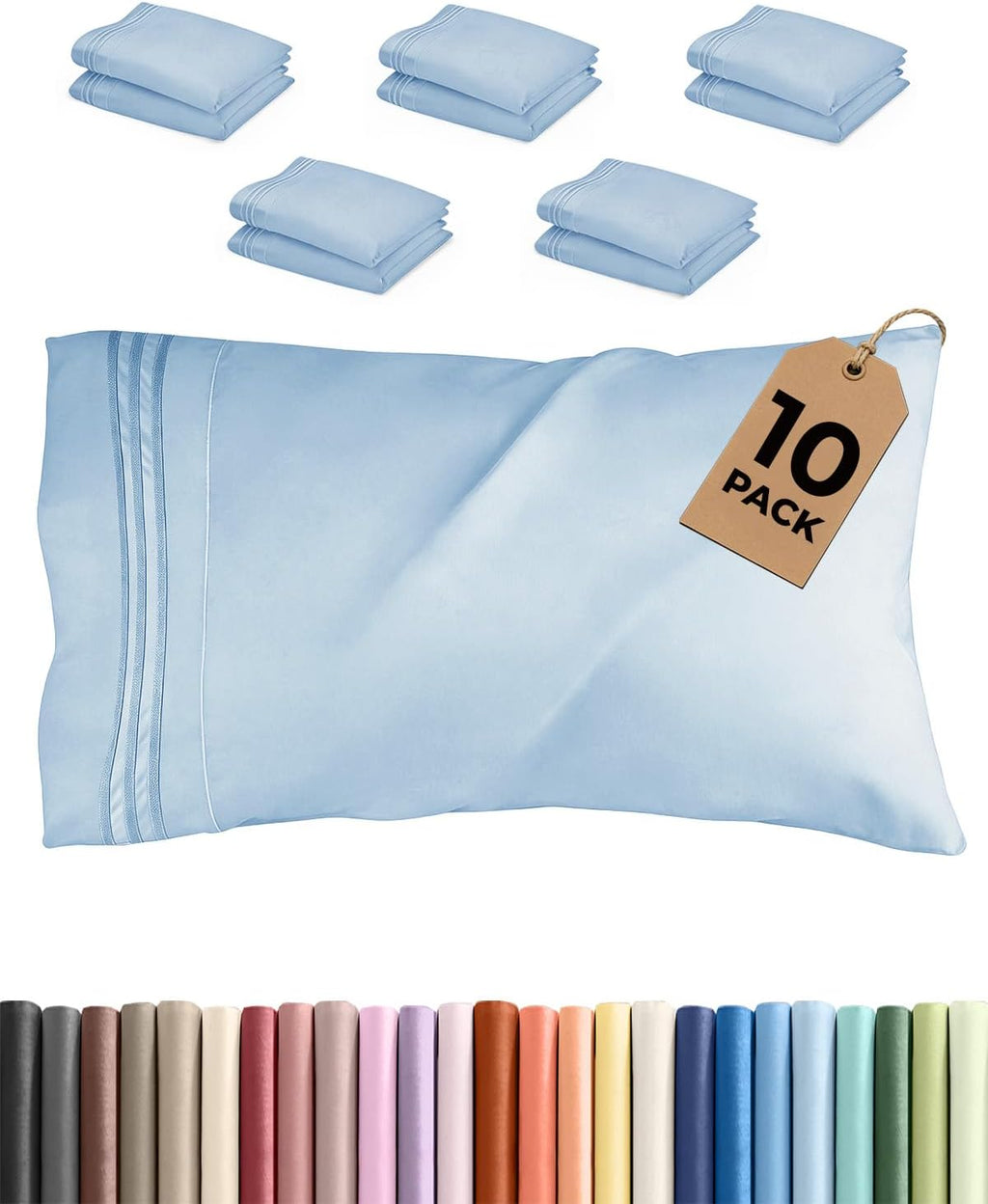 Skiennix Queen Pillow Cases Set of 10 | Ultra Soft Hotel Quality & Wrinkle-Free - Light Blue