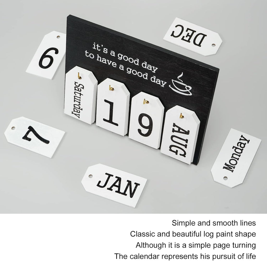 Notakia Wooden Desk Calendar - Vintage Perpetual Flip Calendar with Month & Day Display (Black)