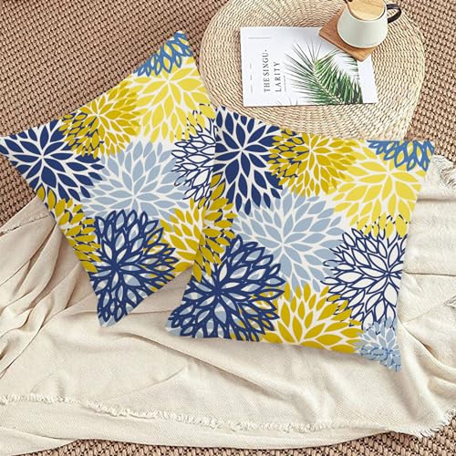 AWJTNCQ Dahlia 18x18 Inch Set of 2 Spring Floral Pillow Covers - Yellow & Blue Geometric Farmhouse Linen Outdoor Decor