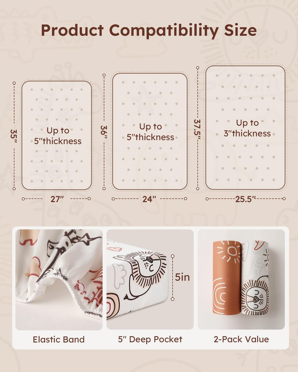 Yoofoss Baby Pack and Play Sheets - Ultra Soft 2-Pack Fitted Mini Crib Sheets | 38x26, Neutral Animal Design
