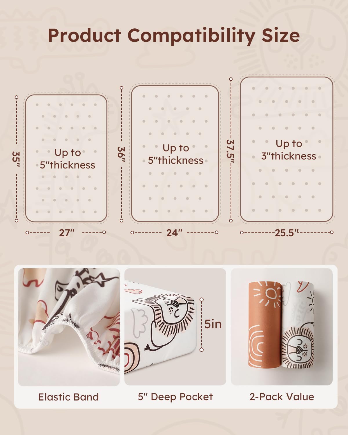 Yoofoss Baby Pack and Play Sheets - Ultra Soft 2-Pack Fitted Mini Crib Sheets | 38x26, Neutral Animal Design