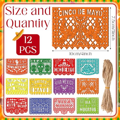 Mexican Wooden Christmas Ornaments Set - Papel Picado Style, 12 Pieces