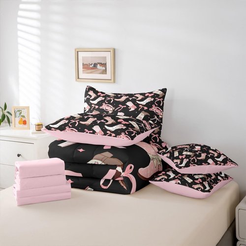 Girls Pink Bow Comforter Set With Sheets Full Size,Cowgirl Coquette Bow 7 Piece Bedding Set Black And Pink Bed In A Bag Western Coquette Boots Sheet Set With Fitted Sheet,Pillowcases & Pillow Covers