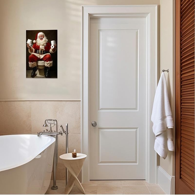 Doartdo Santa on Toilet Christmas Bathroom Wall Art - 16 x 24 Black Framed Canvas