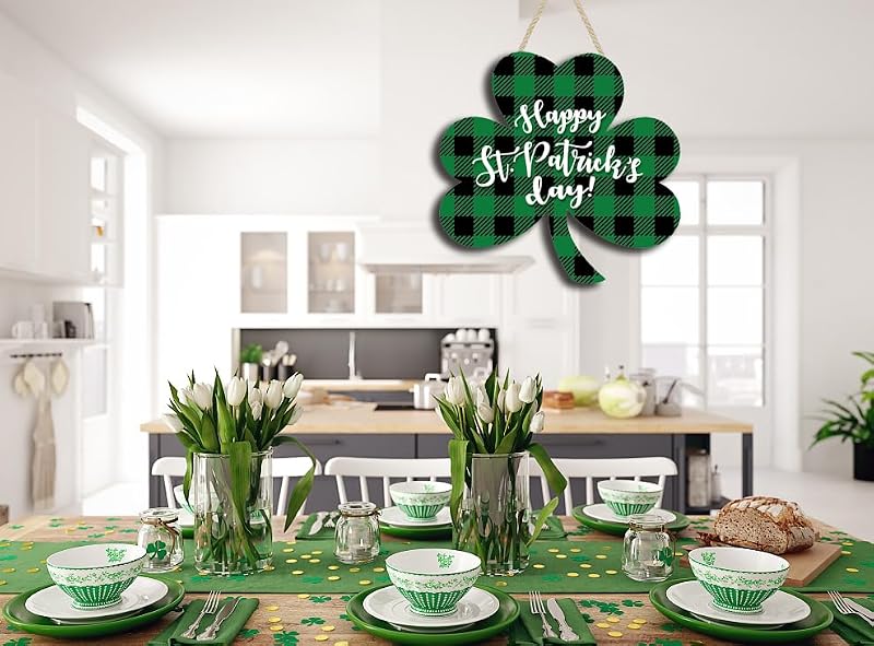 St Patrick's Day Wooden Sign - Green Buffalo Plaid Shamrock Decor