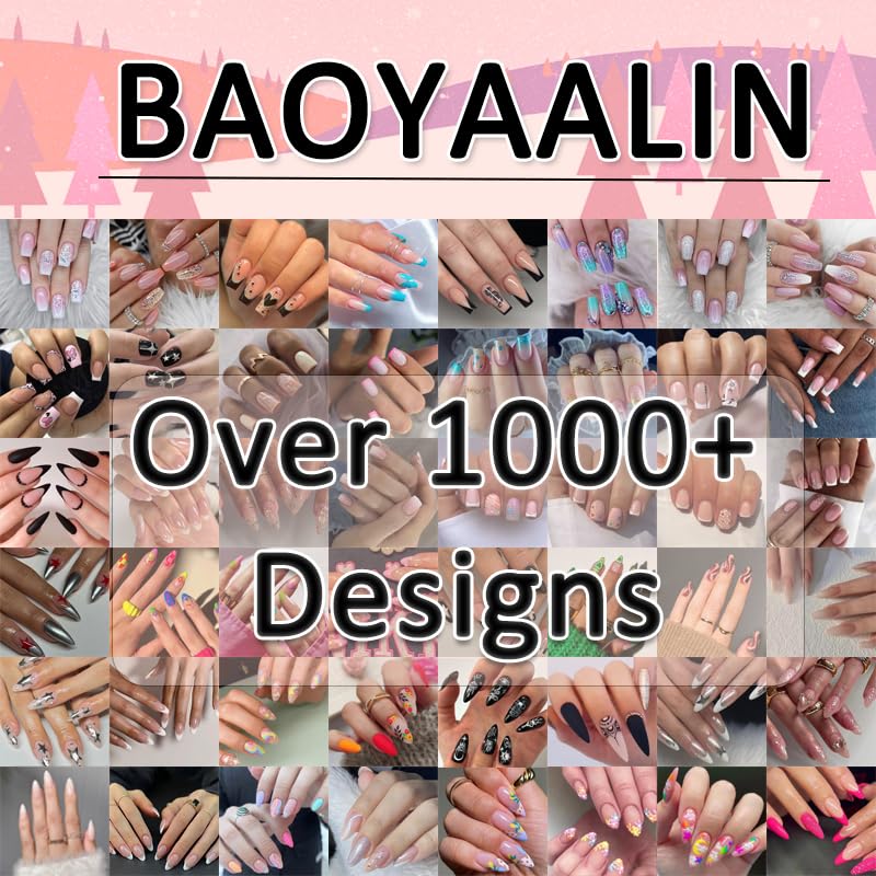 BAOYAALIN Red Long Coffin Press On Nails with Flames Heart Rhinestones 24PCS