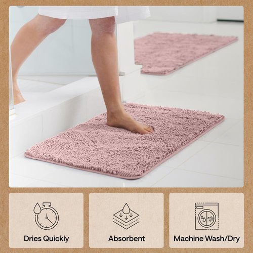 GORILLA GRIP Bath Rug Mat - Soft Absorbent Chenille | Quick Dry Microfiber, 60x24, Dusty Rose