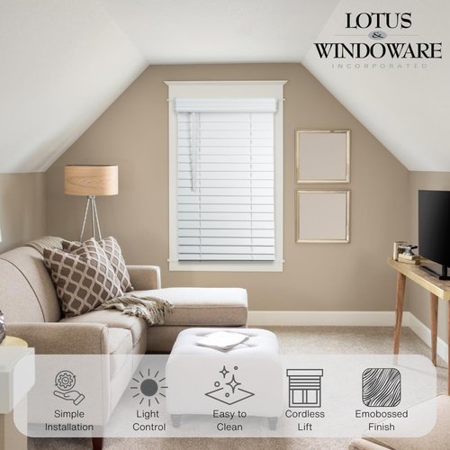 Lotus & Windoware Cordless 2-Inch Faux Wood Blinds - Bright White, 34" Wide x 60" Long