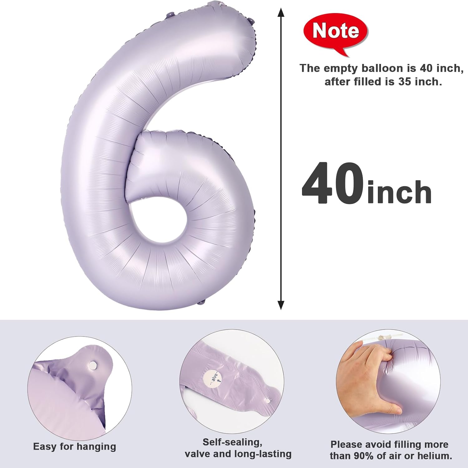 Number 6 Balloon 40 Inch - 6th Birthday Decorations for Boys & Girls | Cream & Purple Colors