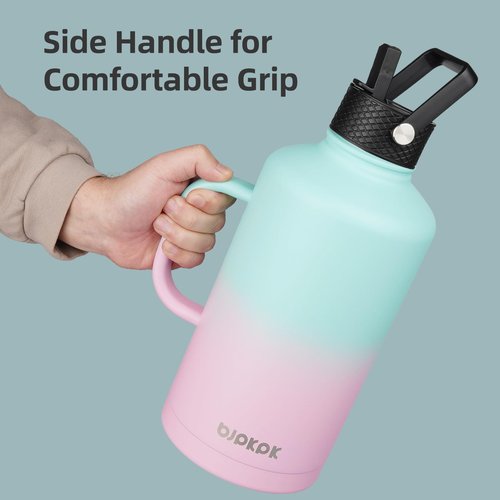 BJPKPK 1 Gallon Water Bottle Insulated with Straw Lid, 128oz Large, Stainless Steel Water Bottles with 3 Lids and Paracord Strap, Double Wall Vacuum Metal Water Jug,Black