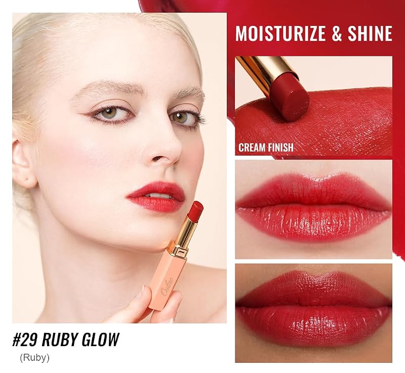 Oulac Bright Red Moisturizing Lipstick, Vegan Glass Shine Lip Tint