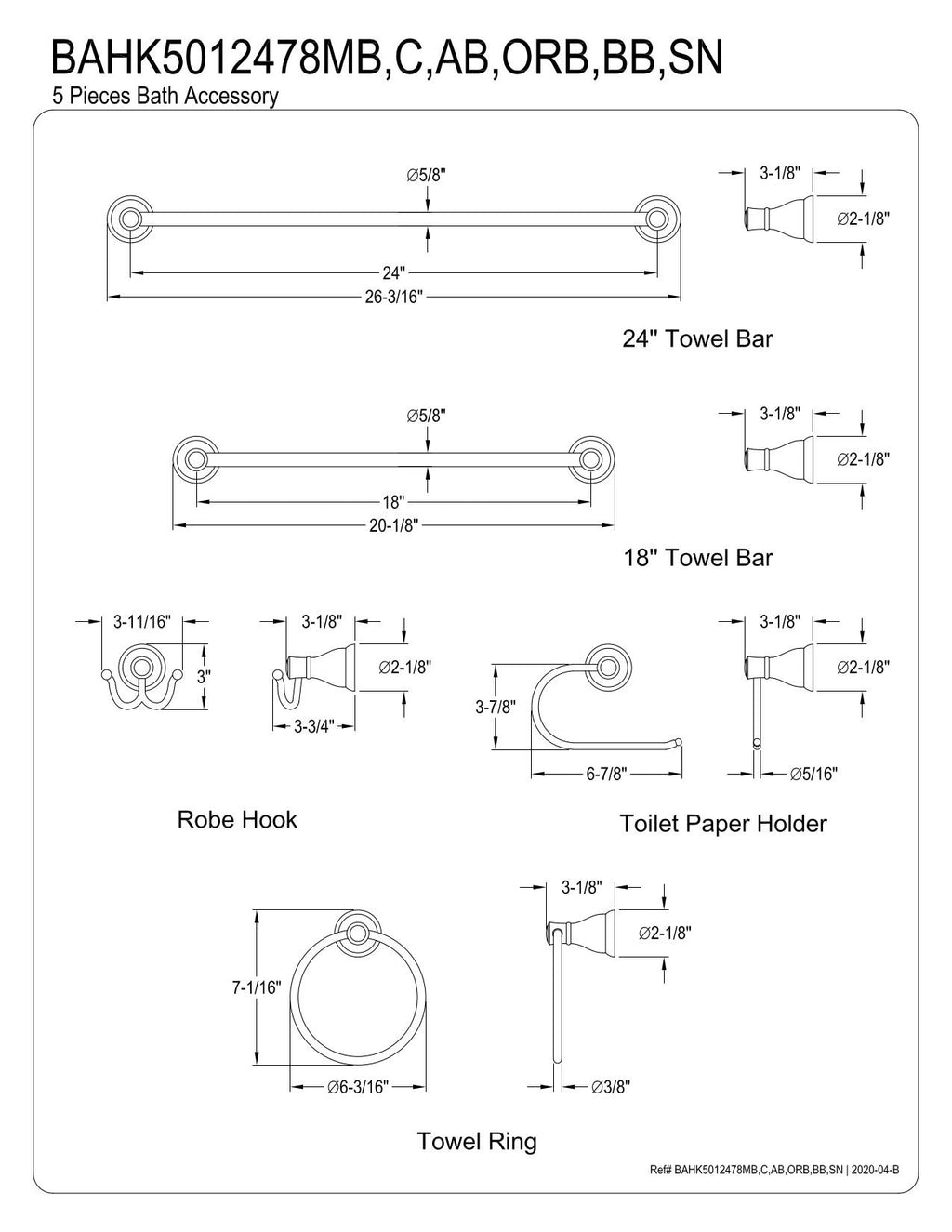 Kingston Brass BAHK5012478SN Mesa Verde 5-Piece 18-Inch and 24-Inch Towel Bars Bathroom Accessory Set in Brushed Nickel