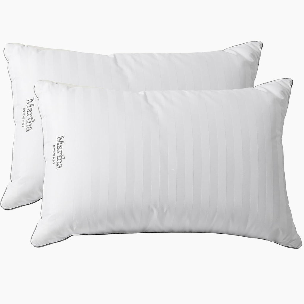 Martha Stewart Medium Soft Feather Down 100% Cotton 500 Thread Count Damask Stripe Embroidered Queen Size Set of 2