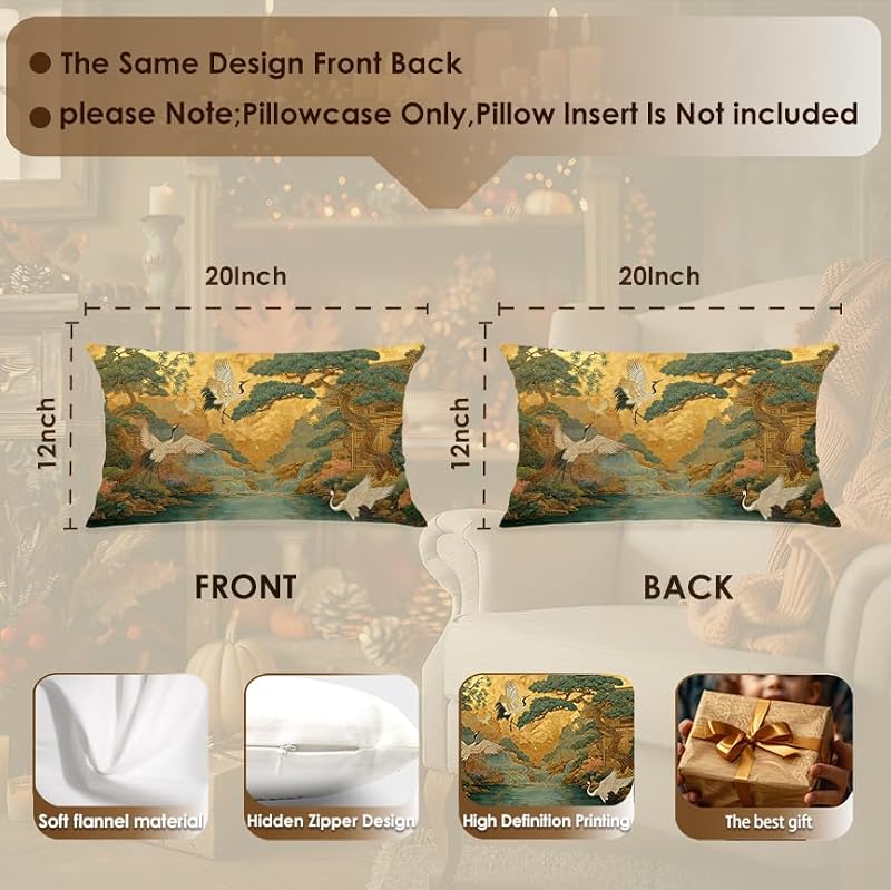Chinoiserie Crane Lumbar Pillow Cover 12x20 Soft Flannel Multicolor0001