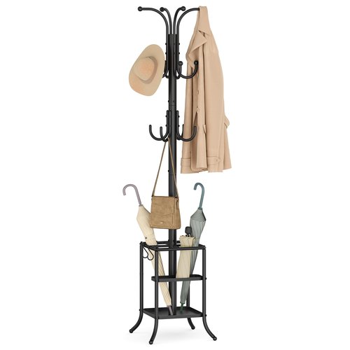 SONGMICS Coat Rack Freestanding with Umbrella Holder, Metal Coat Rack Stand with 12 Hooks, for Entryway, Hallway, Living Room, Bedroom, Ink Black URCR082BH02S
