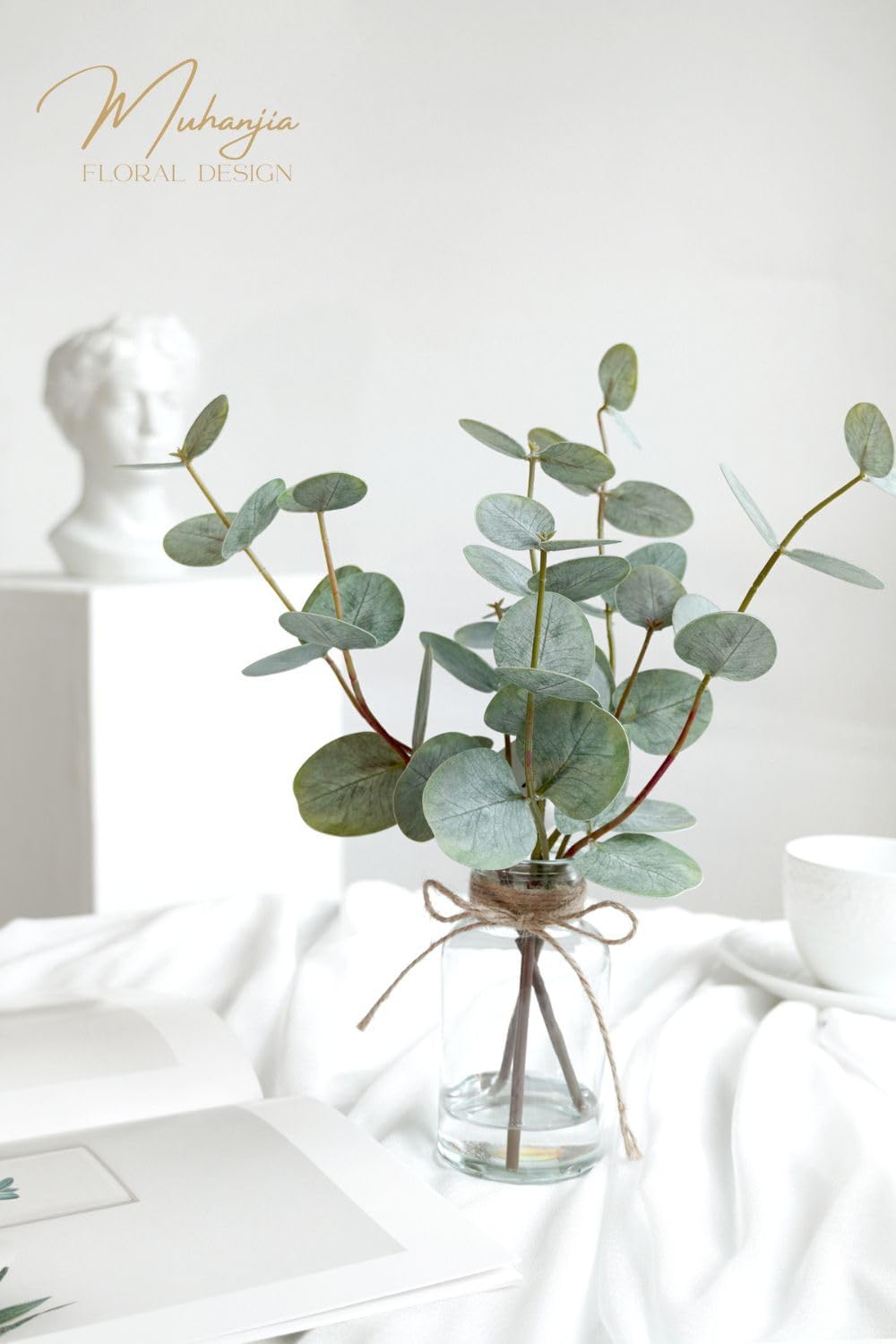 Muhanjia Artificial Eucalyptus Stems - 3Pcs Faux Green Leaves in Glass Vase with Faux Water | Perfect Centerpiece