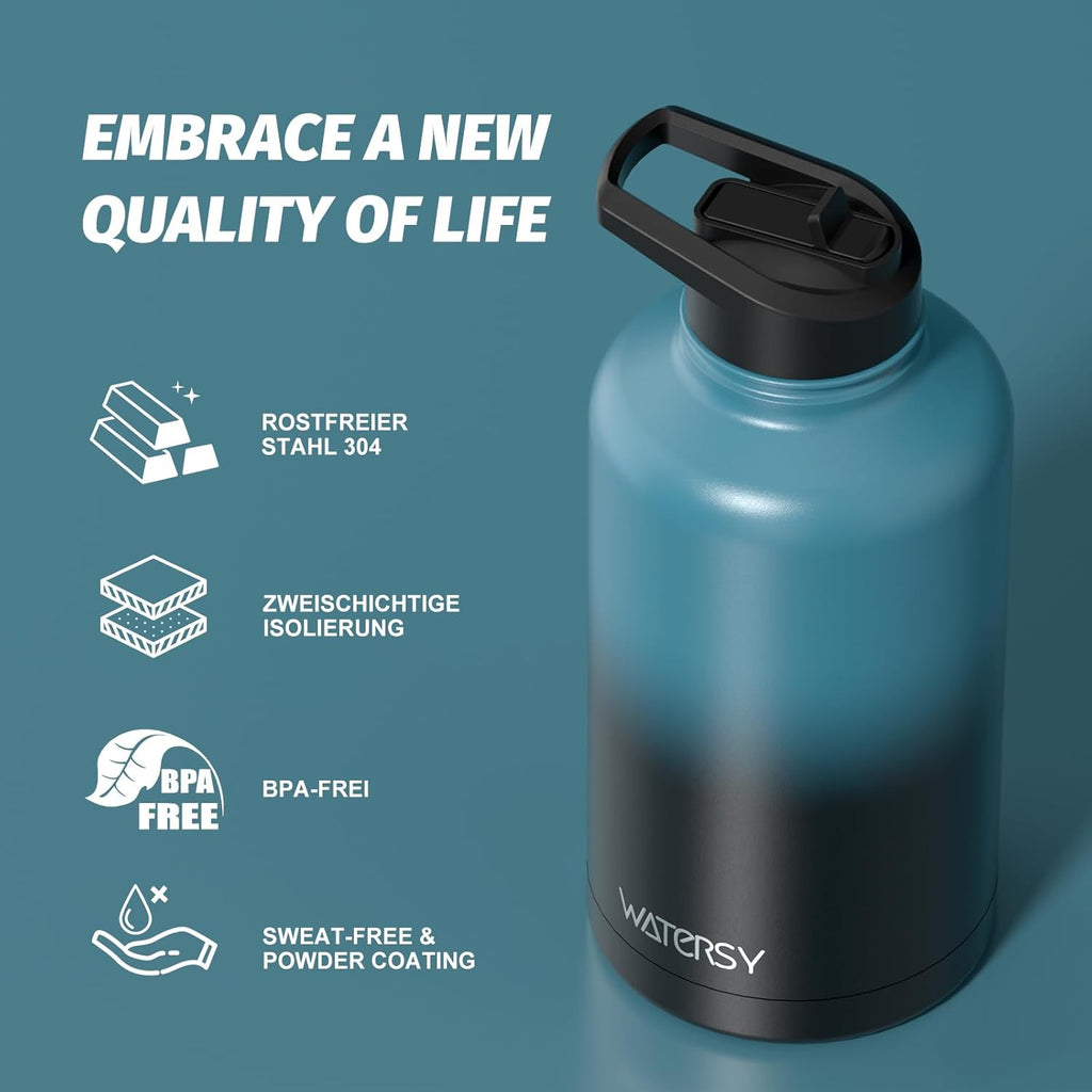 Skiennix 64oz Insulated Water Bottle - Cold for 48 Hrs, BPA Free & Leak Proof | Half Gallon Flask in Black/Blue