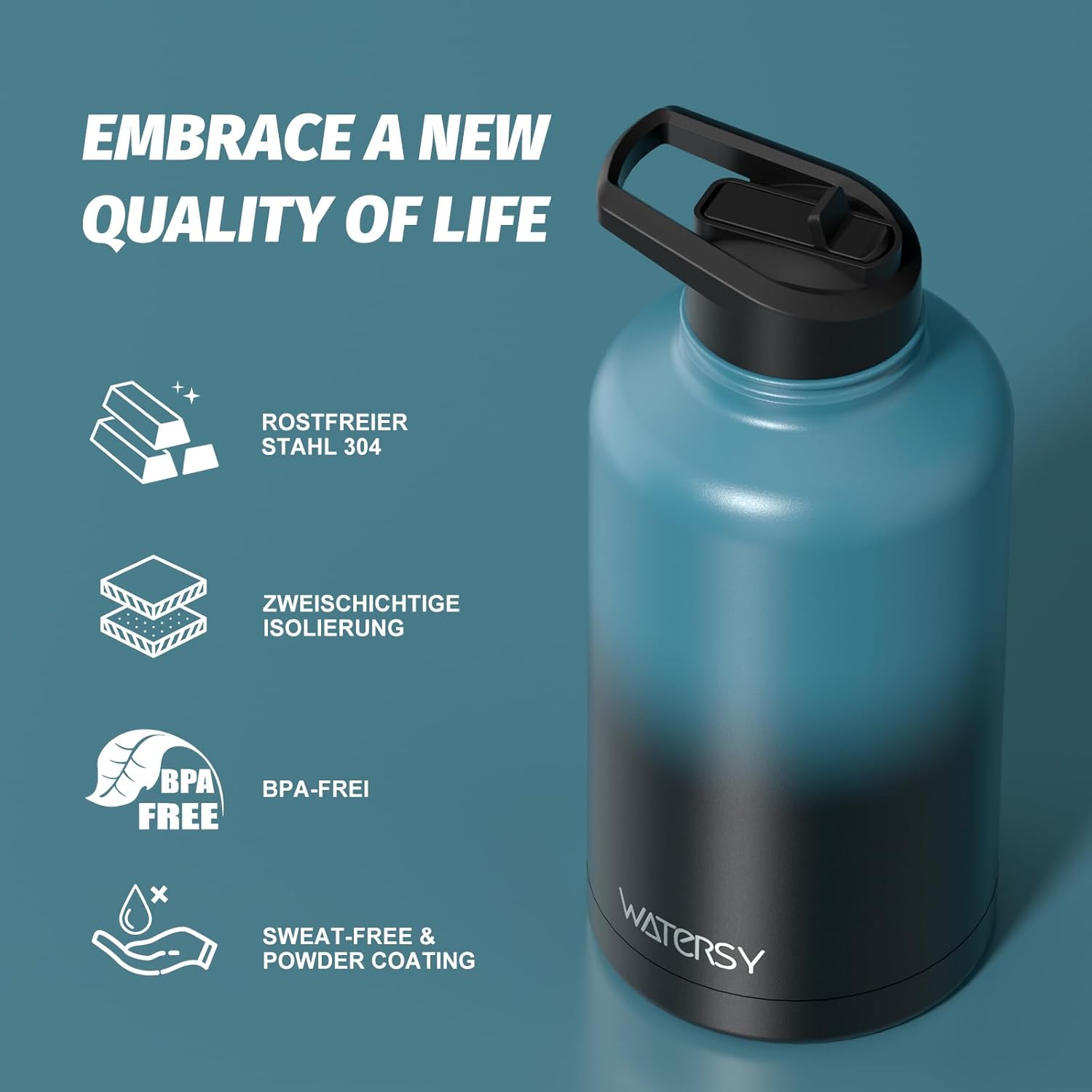 Skiennix 64oz Insulated Water Bottle - Cold for 48 Hrs, BPA Free & Leak Proof | Half Gallon Flask in Black/Blue