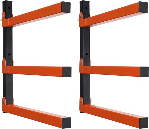 Lumber Rack - Wall-Mounted Storage Solution | Metal Wood Organizer with 3 Levers | 2 Pack, Orange