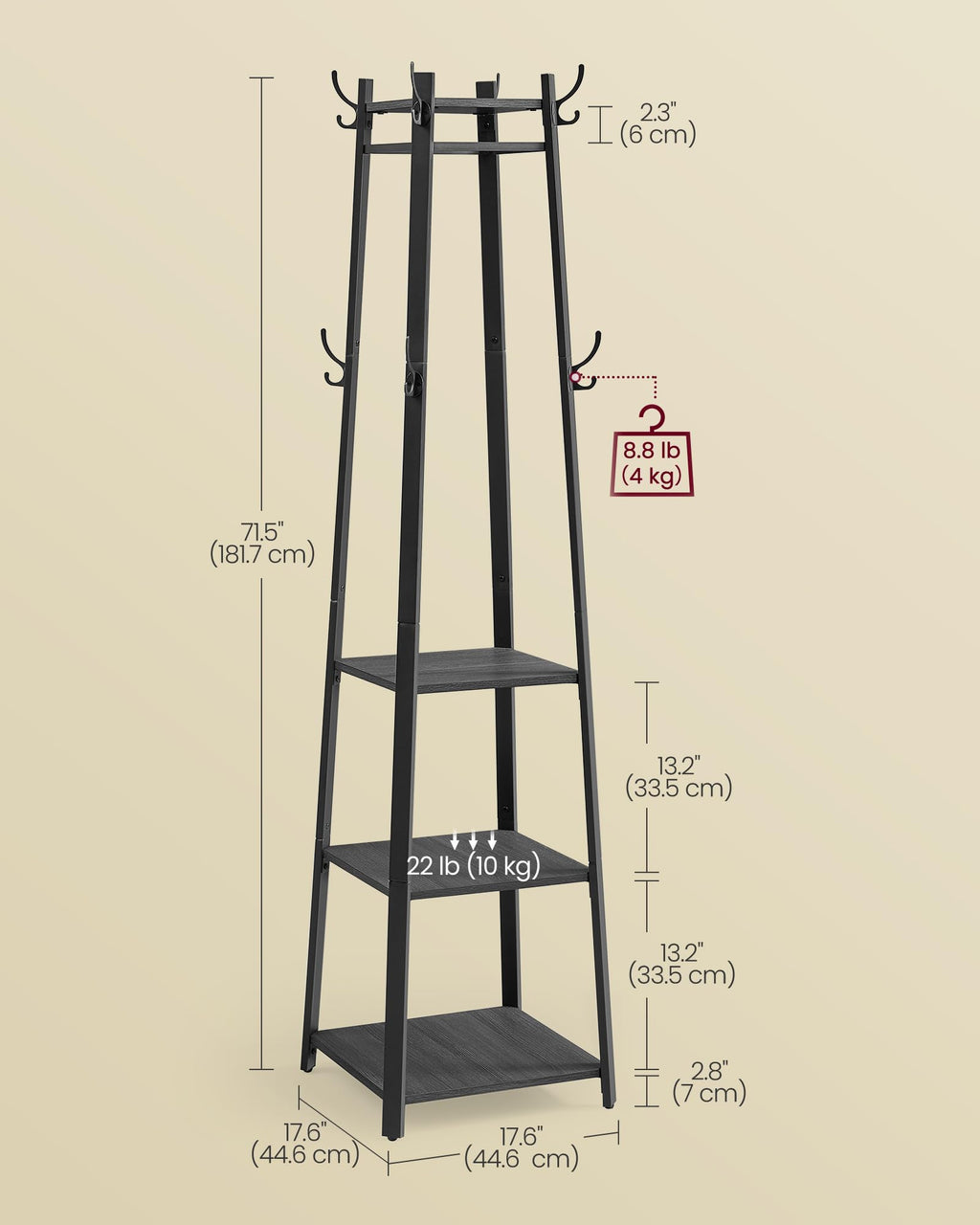VASAGLE Coat Rack, Coat Stand with 3 Shelves, Hall Tree Free Standing with Hooks for Scarves, Bags, Umbrellas, Steel Frame, Industrial Style, for Entryway, Living Room, Charcoal Gray ULCR080B03